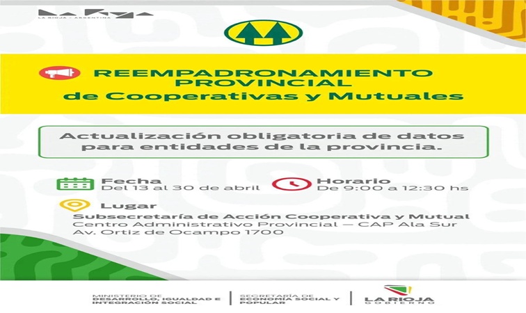 Cooperativas y mutuales de la provincia deben actualizar su registro